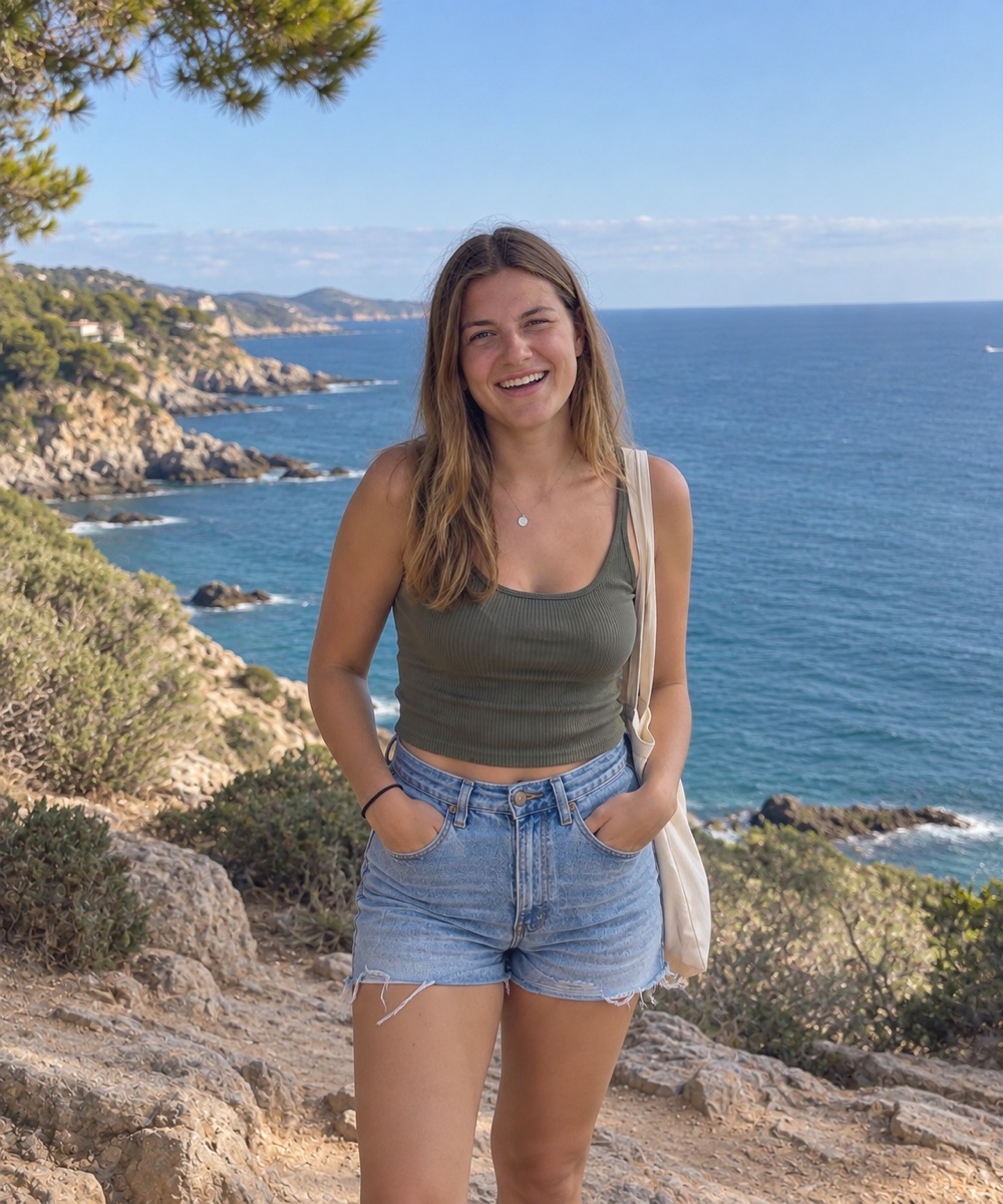 After: stepped back, camera at waist, horizon clear, mid-laugh