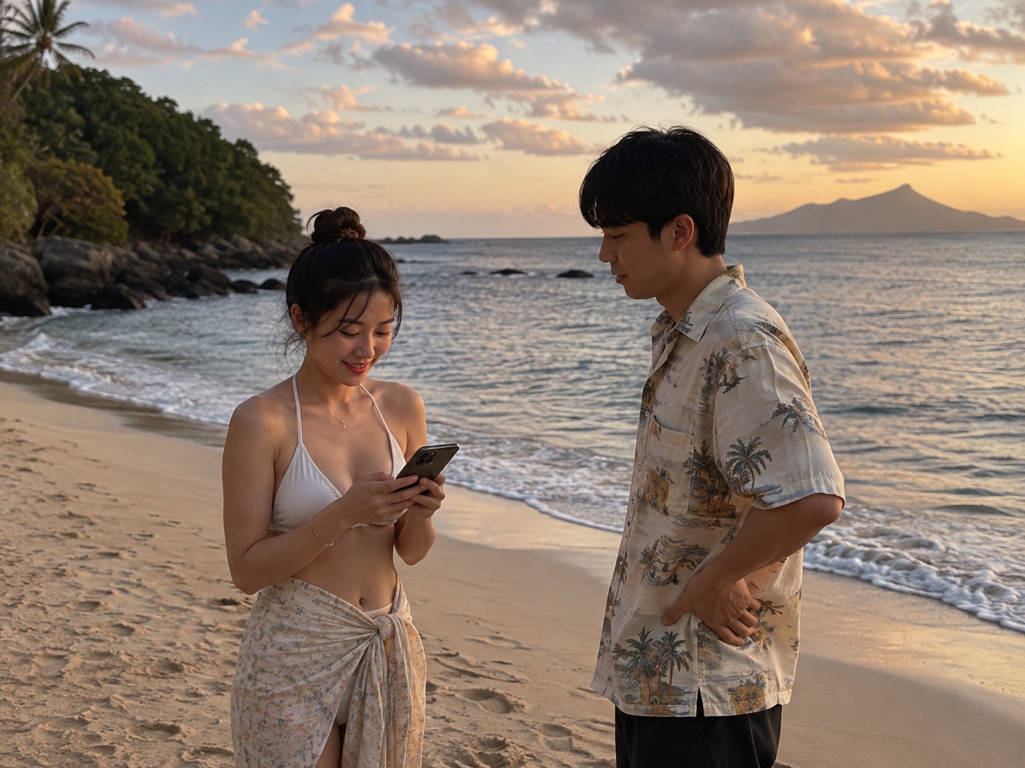 A couple on a beach at sunset — she's reviewing a photo on the phone while he stands beside her, hands on hips, waiting.